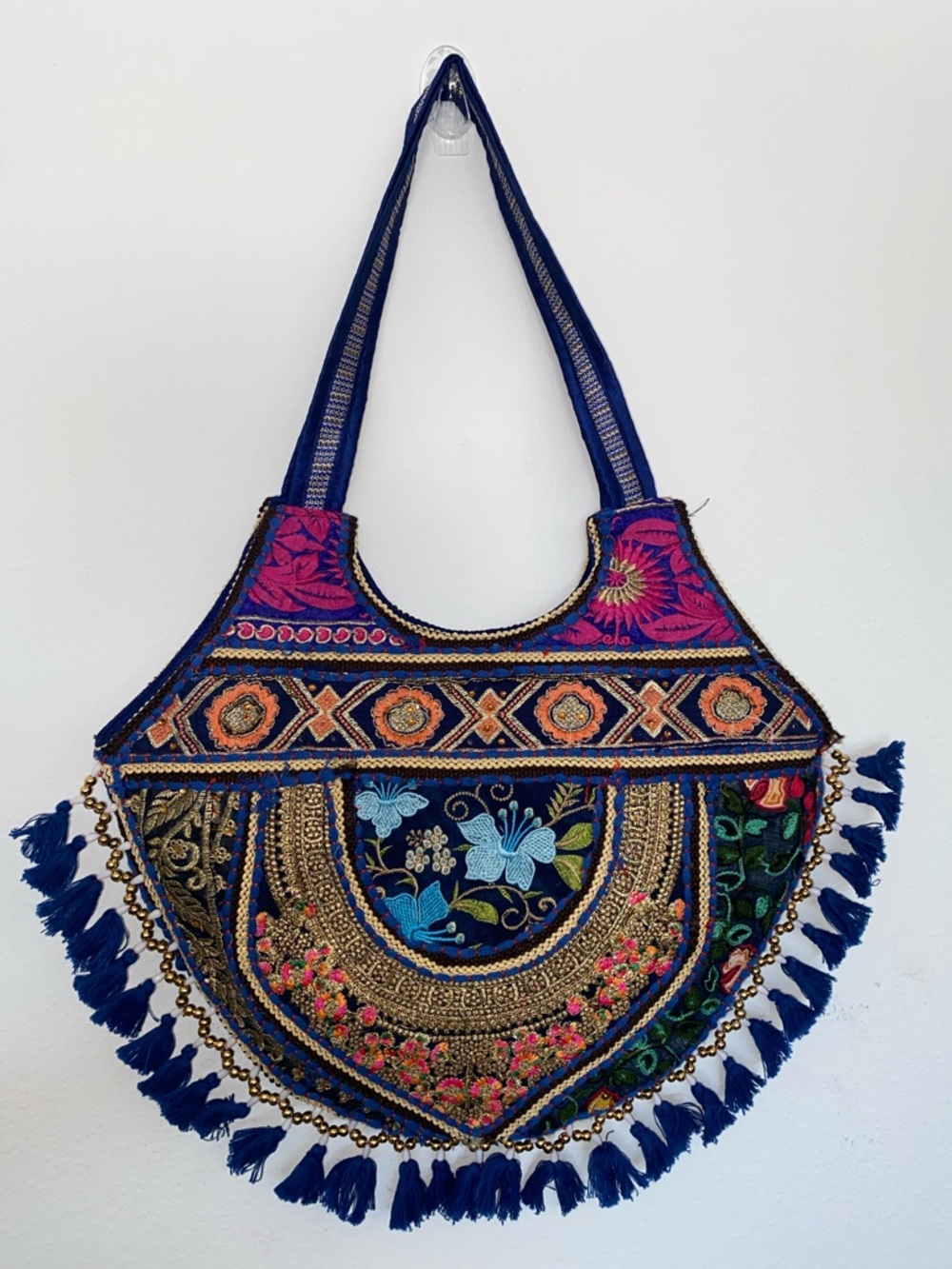 Boho Embroidered Navy Tassel Shoulder Bag